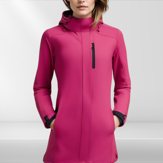 Women Waterproof long softshell outdoor hiking jacket with polar fleece lining